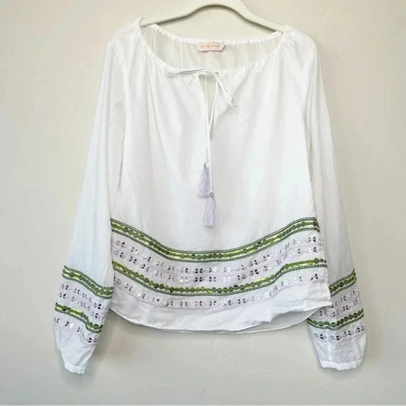 Tory Burch Madeline Sequin Peasant Blouse 100% Cotton Size 6 - Picture 5 of 13